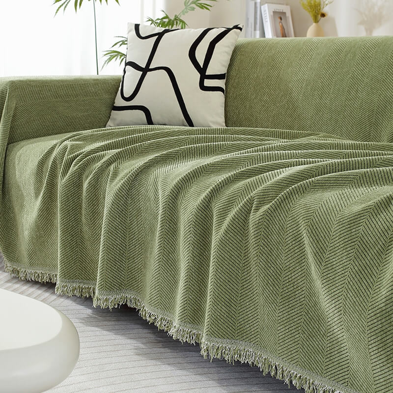 Chenille herringbone throw blanket ultra-soft cozy tassel edging living room decor