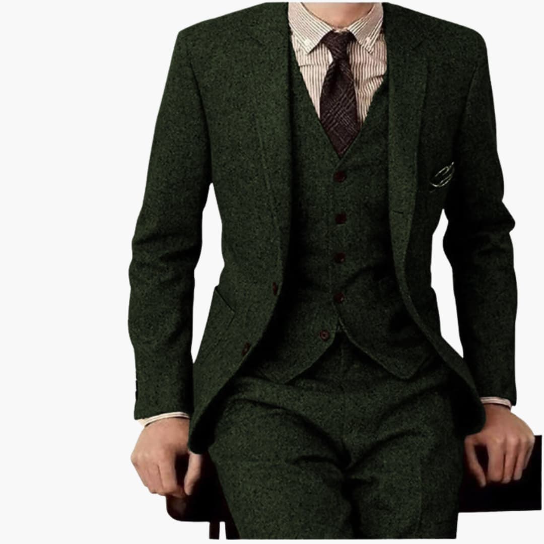 Men's black three-piece suit notched lapels waistcoat blazer pants formal classic tailored fit