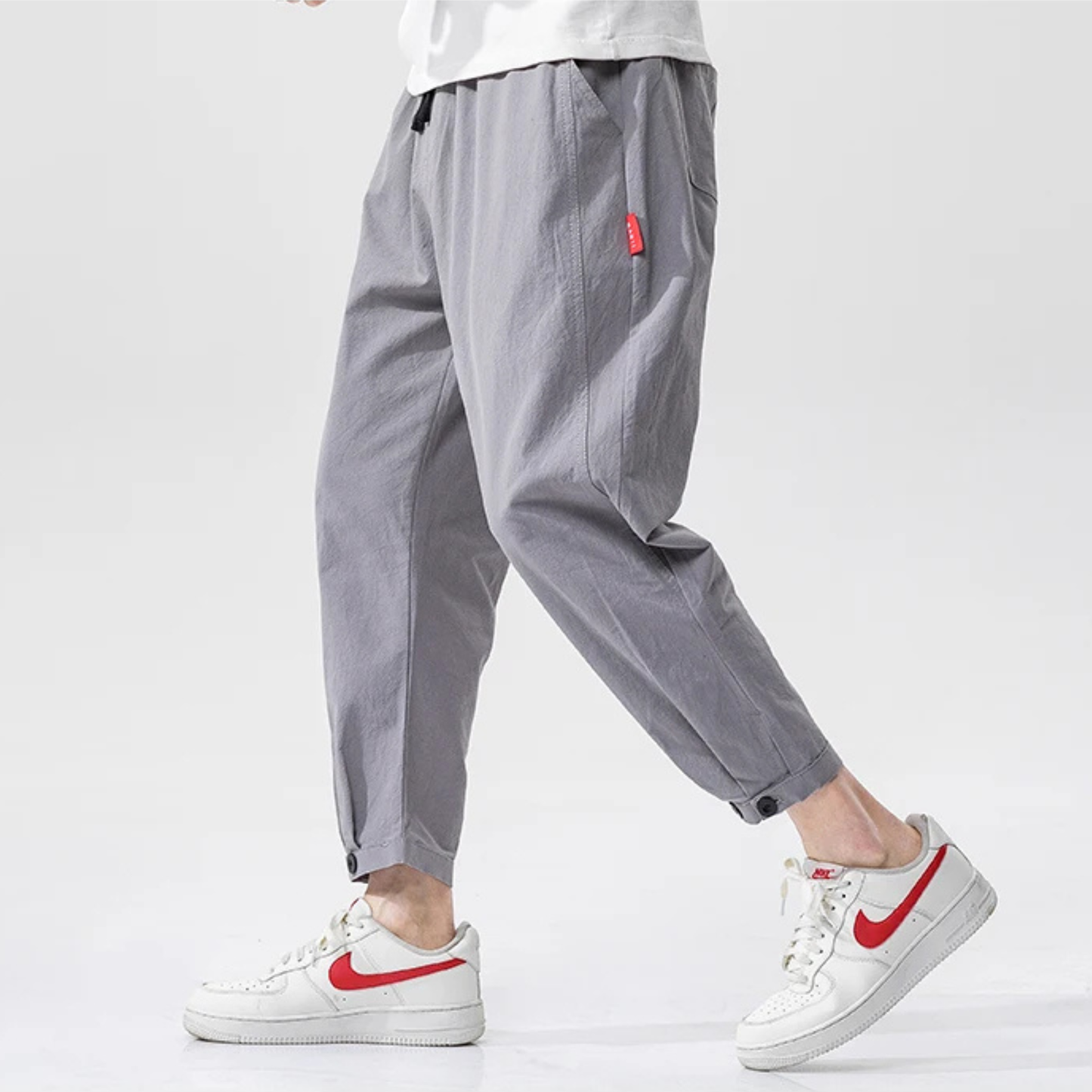 Men's tapered jogger pants lightweight cotton drawstring waist patch pockets modern slim fit