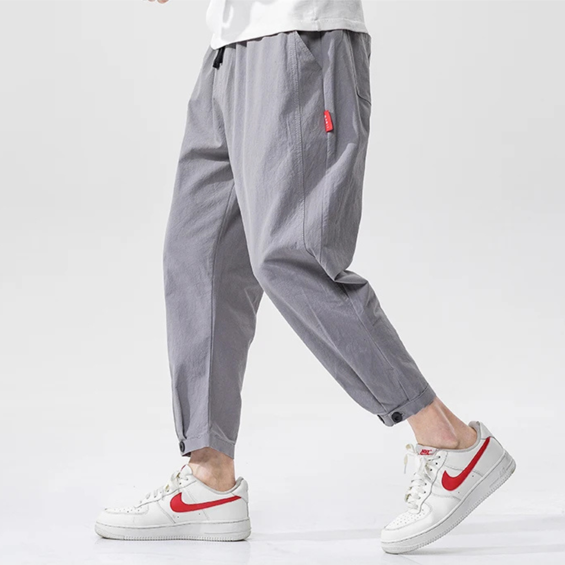 Men's tapered jogger pants lightweight cotton drawstring waist patch pockets modern slim fit