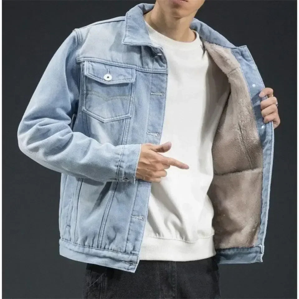 Classic fit blue denim jacket with warm plush sherpa wool lining, tailored silhouette for cold weather