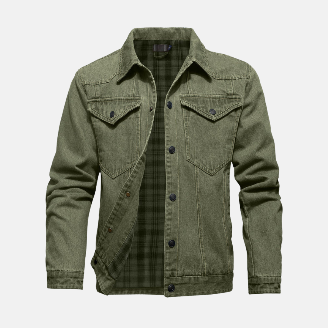 Men's relaxed hip-length denim jacket with flannel lining, chest pockets, casual layering style