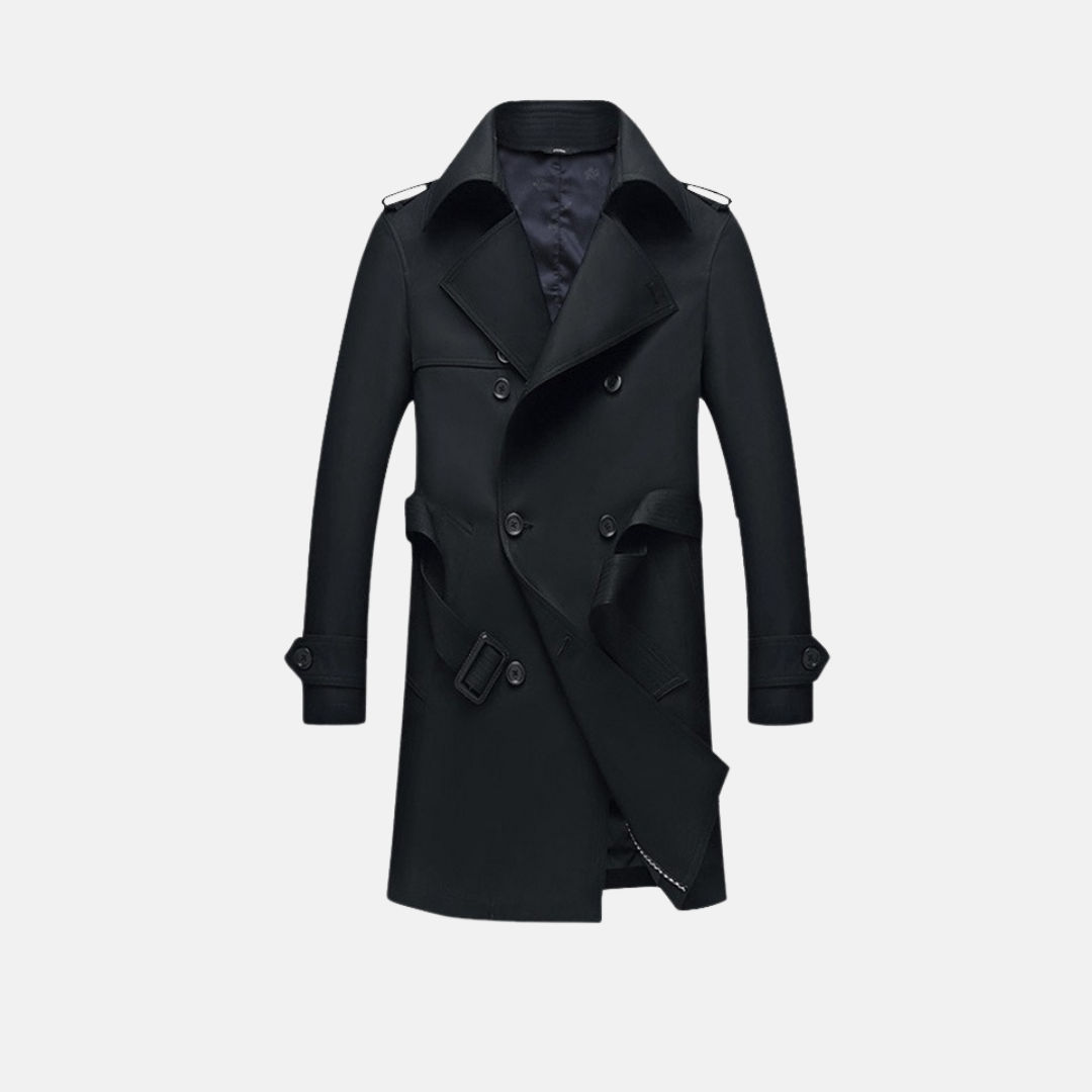 Men's slim fit double-breasted trench coat with detachable belt, smooth fabric, professional style