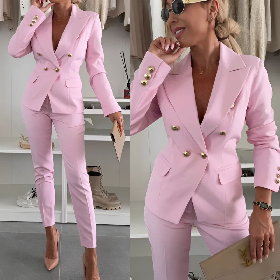 Women's navy double-breasted suit set tailored blazer straight-leg trousers metallic buttons
