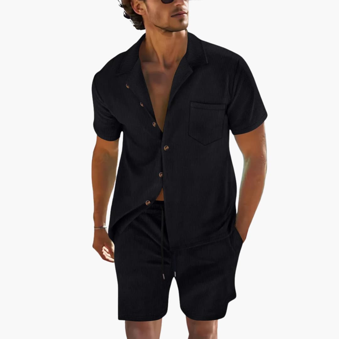 Men's lightweight relaxed-fit Cuban collar shirt and drawstring shorts two-piece summer set