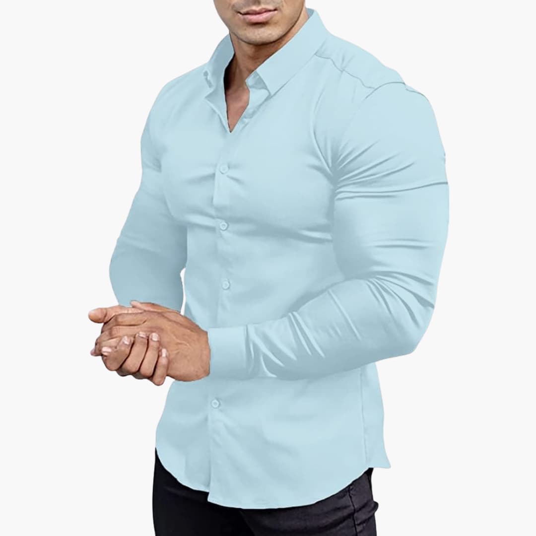 Men's slim fit dress shirt structured silhouette versatile office casual wear stretch fabric