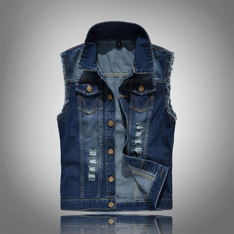 Unisex heavyweight distressed denim vest raw-cut armholes deep distressing rugged layering piece
