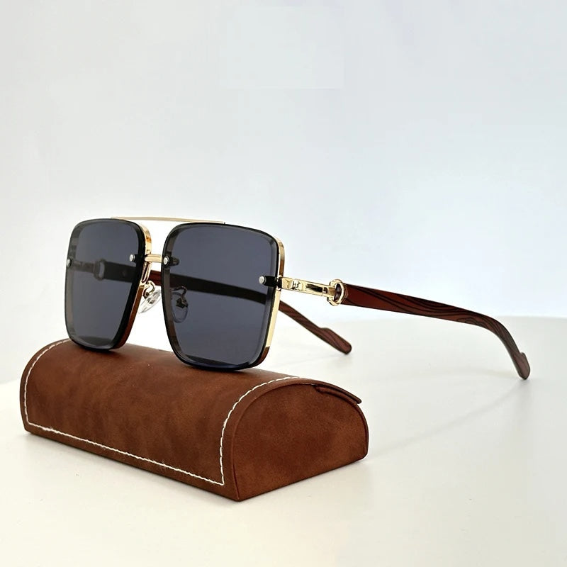 Retro square gradient sunglasses gold detailing wooden arms UV400 unisex eyewear