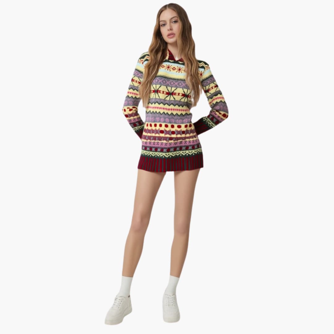 Women's Norwegian yoke knit sweater with round ribbed neckline, cozy heritage pattern, timeless design