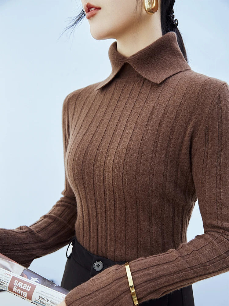 Women's classic high collar ribbed knit polo top in neutral tones, soft professional office style