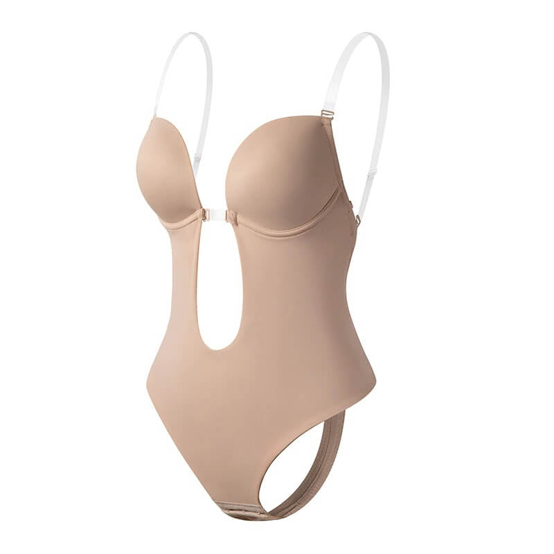 Nude backless shaper bra with tummy control, sculpted silhouette, lifted bust, seamless invisible fit
