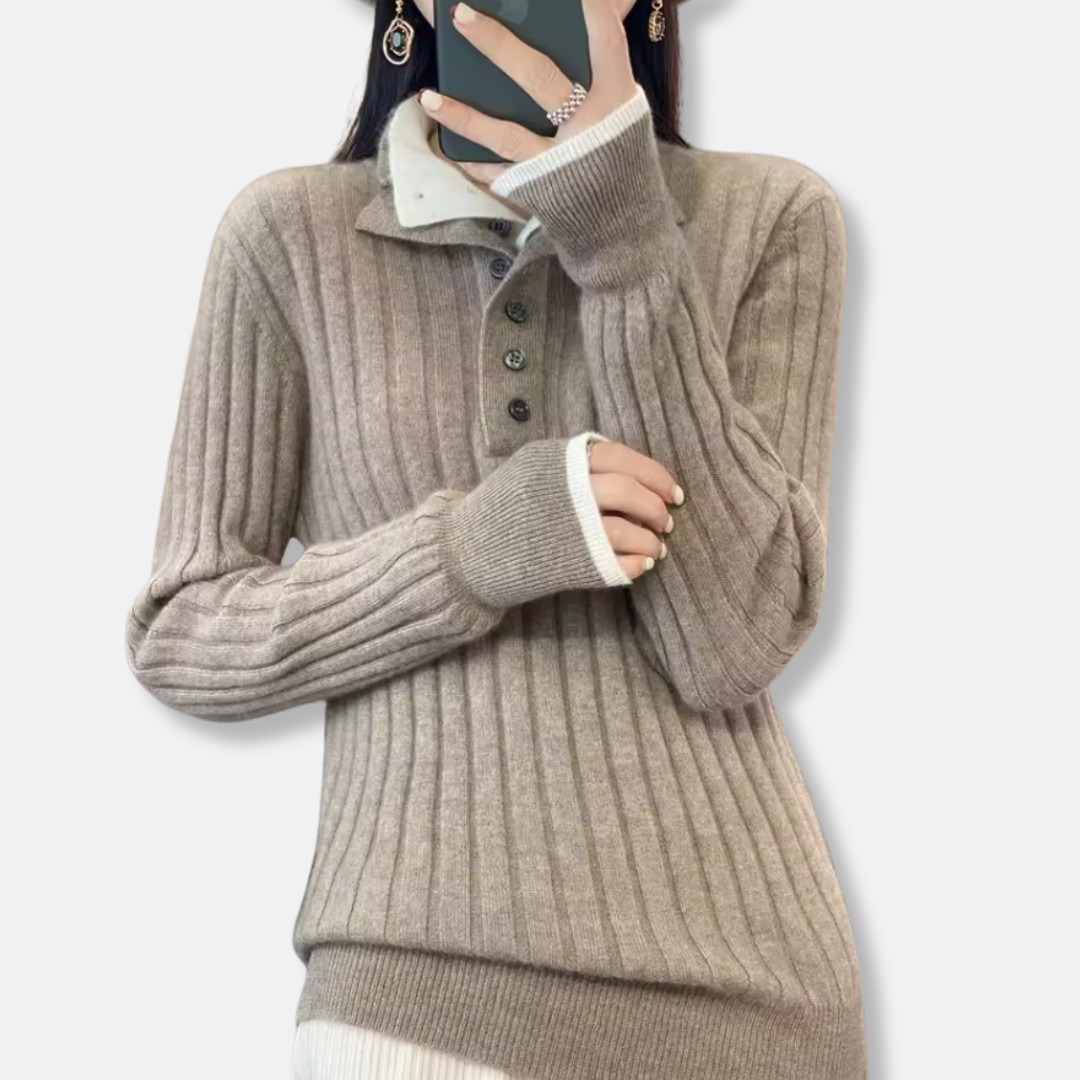 Women's ribbed knit polo collar pullover sweater with four-button placket in classic neutral tone