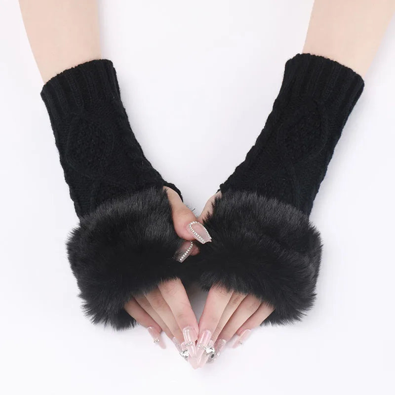 Ivory faux fur cable-knit fingerless cuffs with oversized plush trim, stretch-fit warmth without bulk