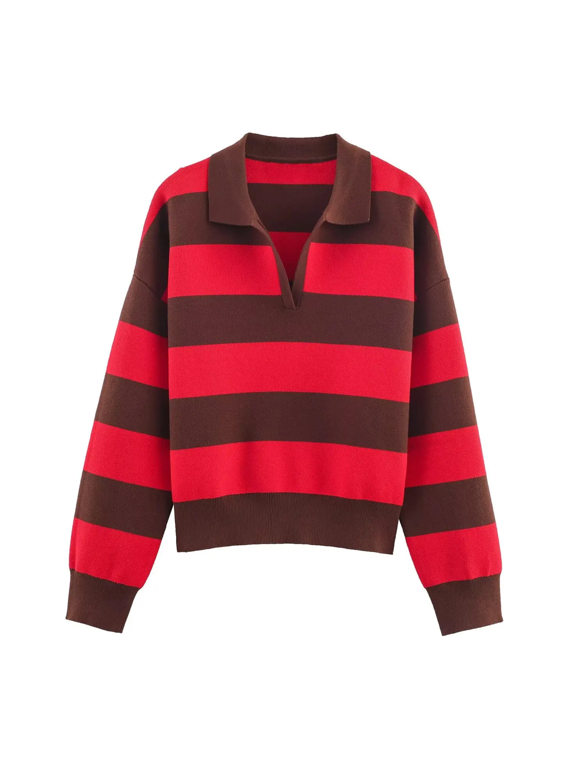 Women's cropped varsity striped knit polo heavyweight cotton-blend deep V placket collegiate style
