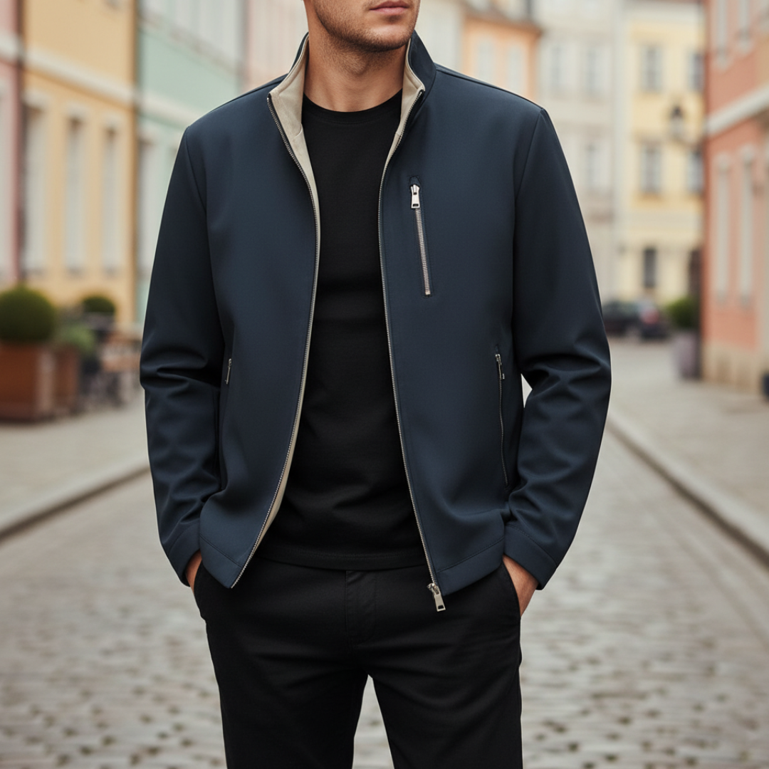 Men's gray softshell jacket slim-fit silhouette with waterproof zipper pockets for outdoor commute