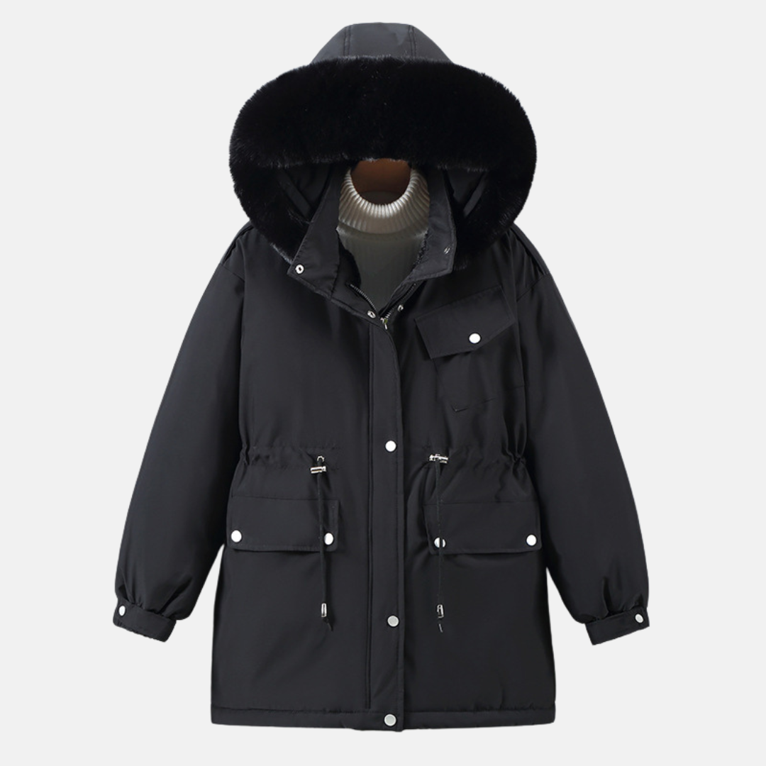Women's relaxed-fit mid-length parka jacket with weather-resistant fabric and faux fur hood