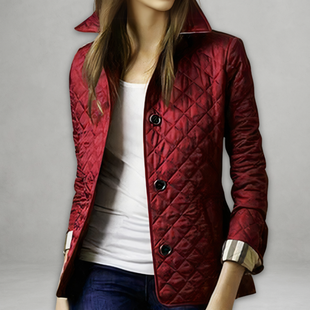 Navy quilted button-front jacket tailored silhouette structured city-ready professional style