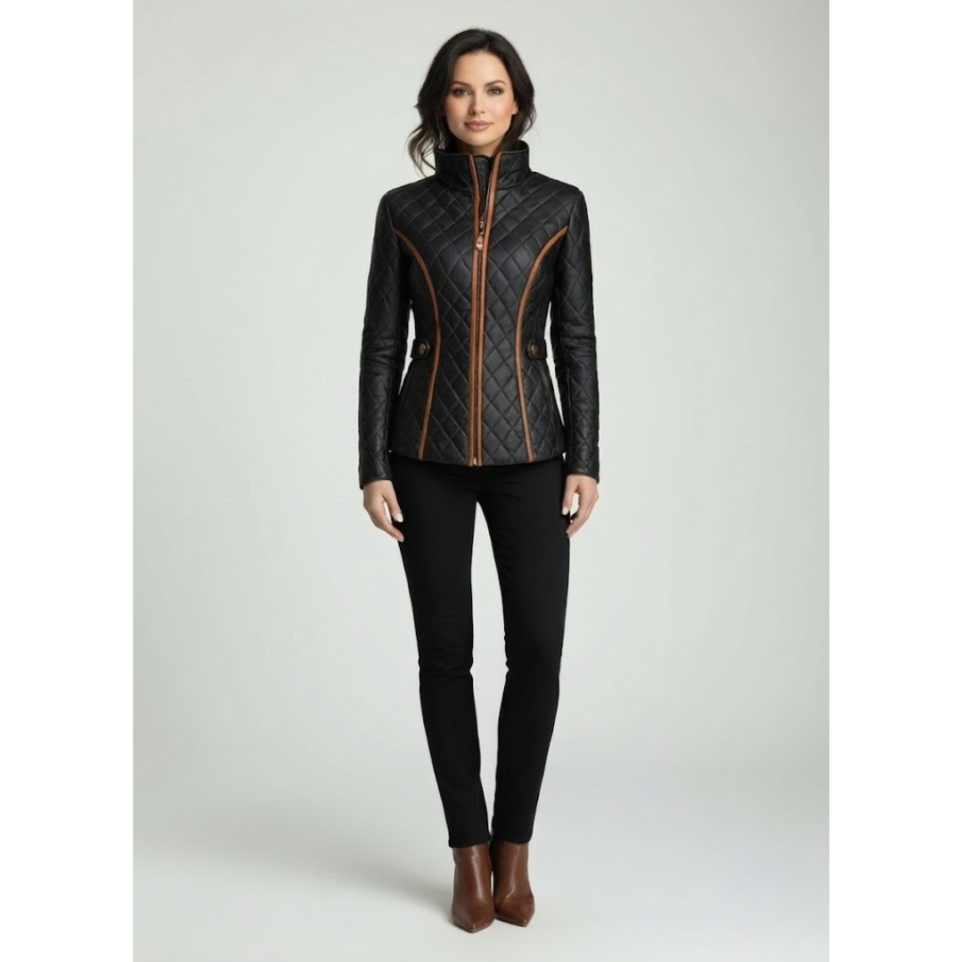 Women's tailored quilted stand collar jacket sculpted silhouette refined structured everyday style