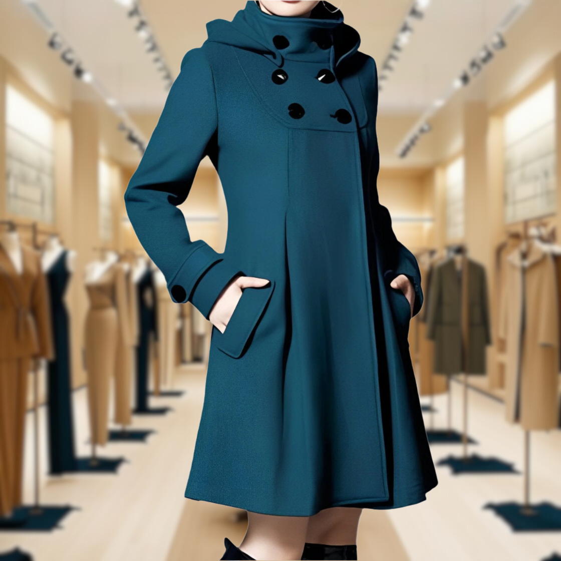 Women's beige A-line trench coat with high neck, double-breasted closure, and structured silhouette