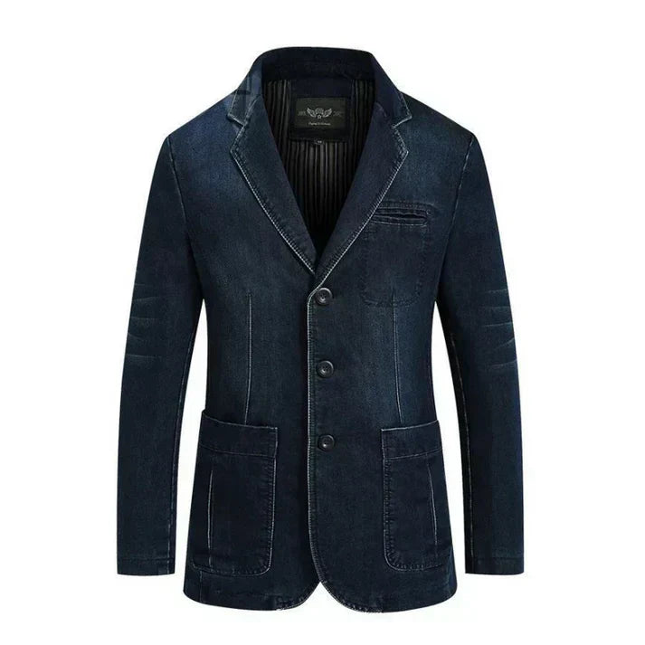 Men's blue denim blazer structured fit smart-casual style with sharp tailored silhouette