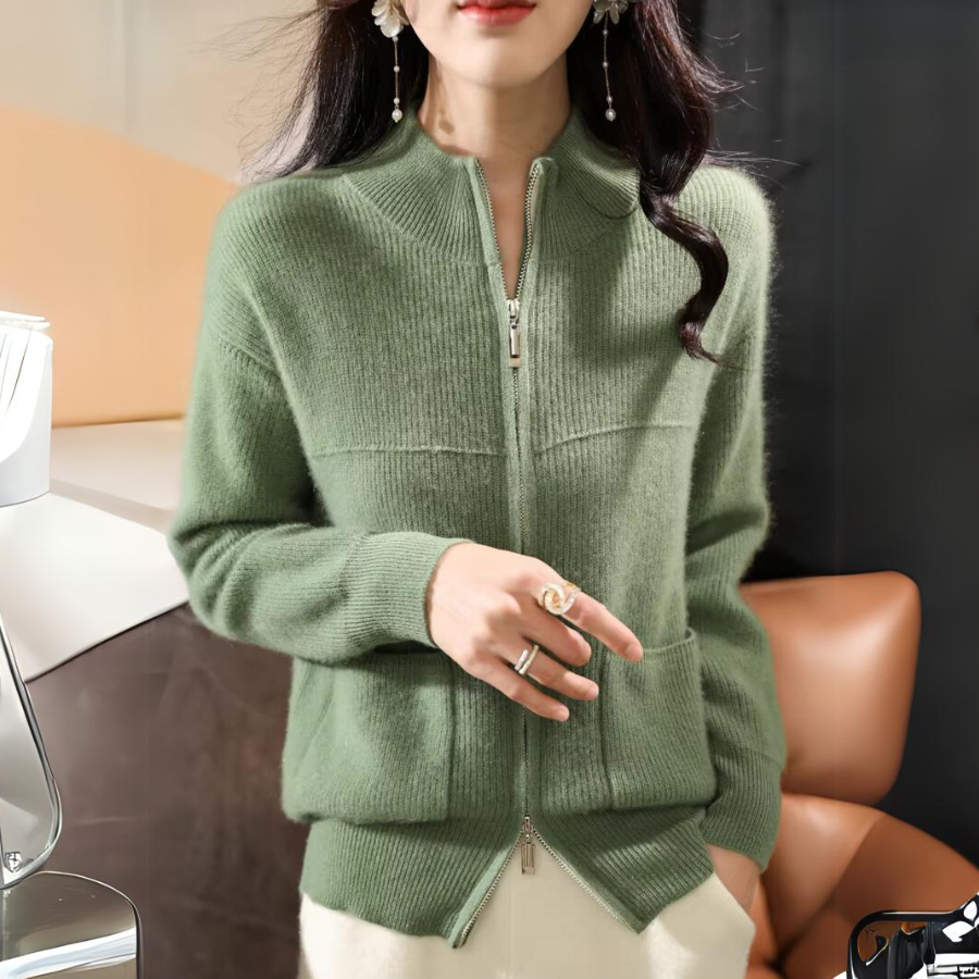Women's merino wool zip-up jacket relaxed fit, soft silky feel, superior warmth in neutral tone