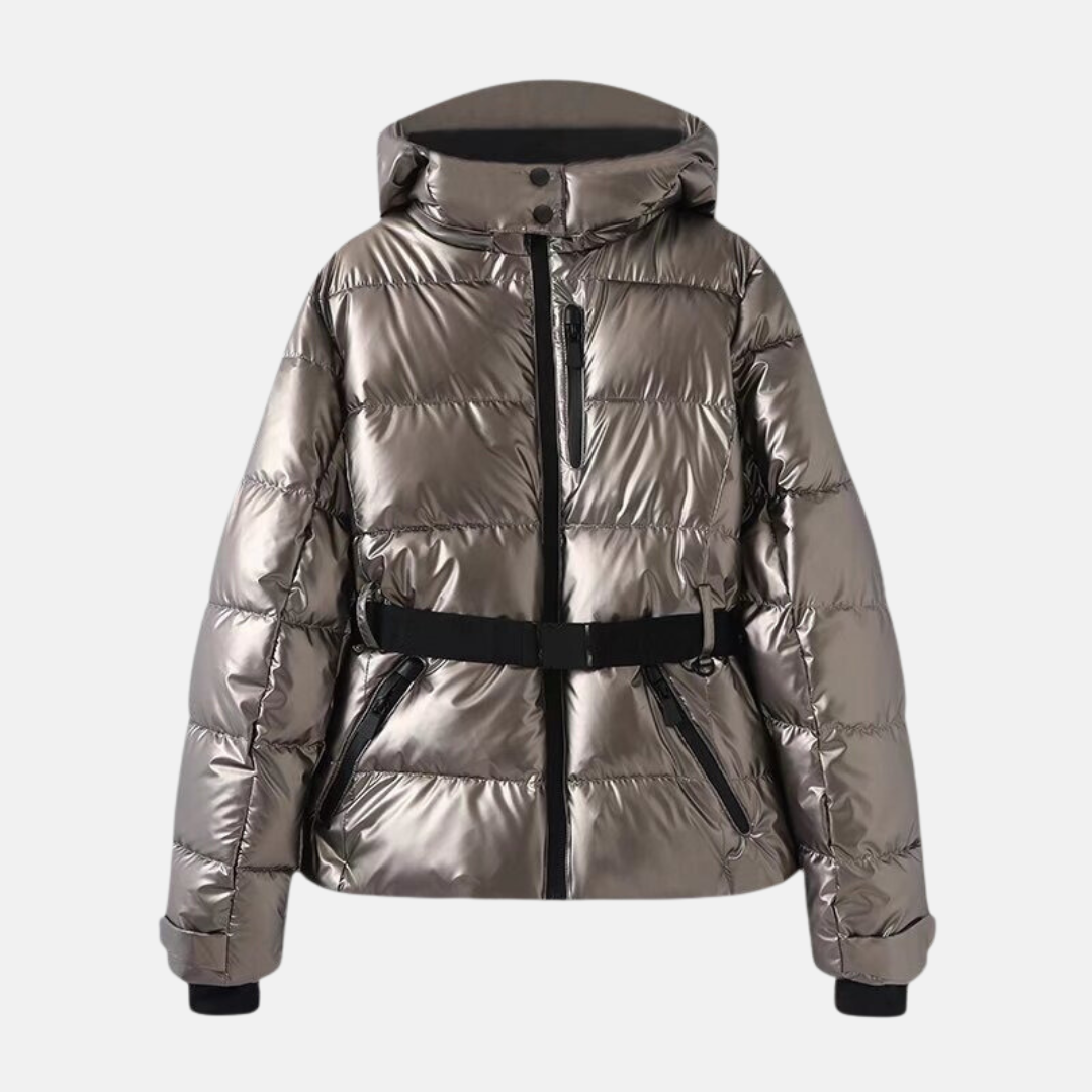 Women's oversized quilted puffer jacket with belted waist, hooded collar, insulated winter coat