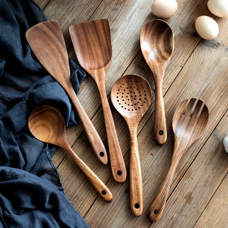 Rustic Wooden Kitchen Utensil Set with Holder - Urbann-Vibe