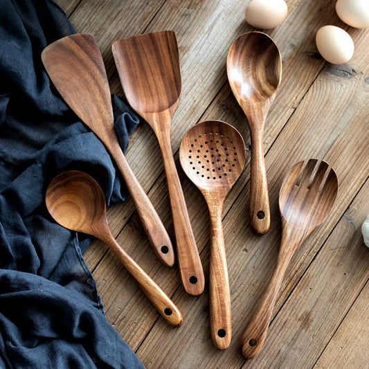 Rustic Wooden Kitchen Utensil Set with Holder - Urbann-Vibe