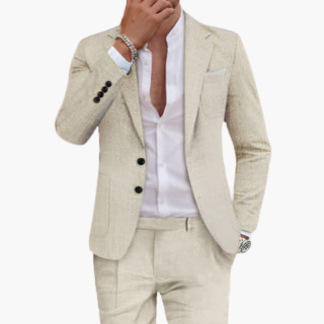 Men's cotton two-piece suit with lapel jacket and tailored pants, lightweight formal wear for warm weather