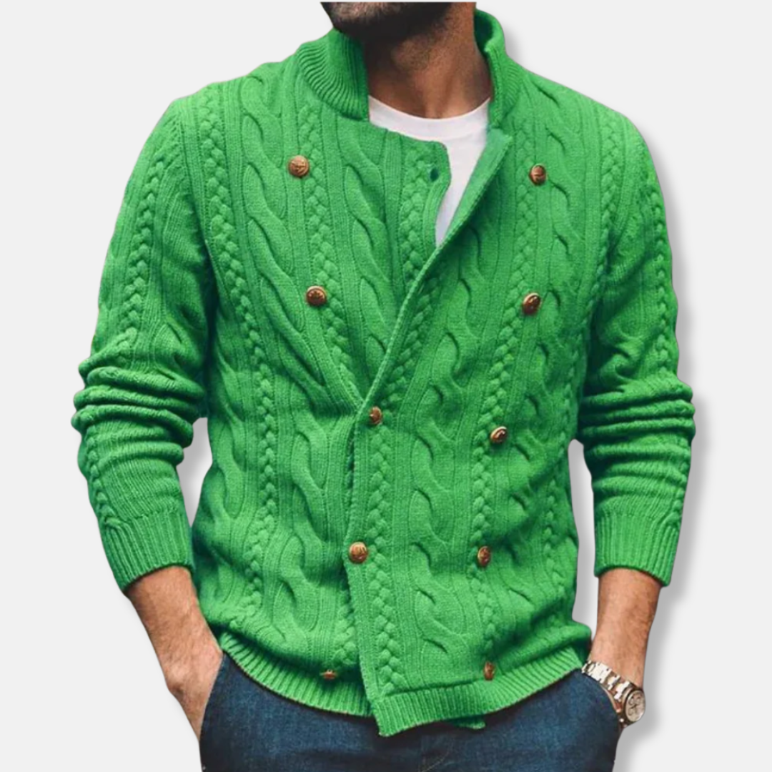 Men's wool blend double-breasted cardigan, regular fit semi-high collar cable knit pattern