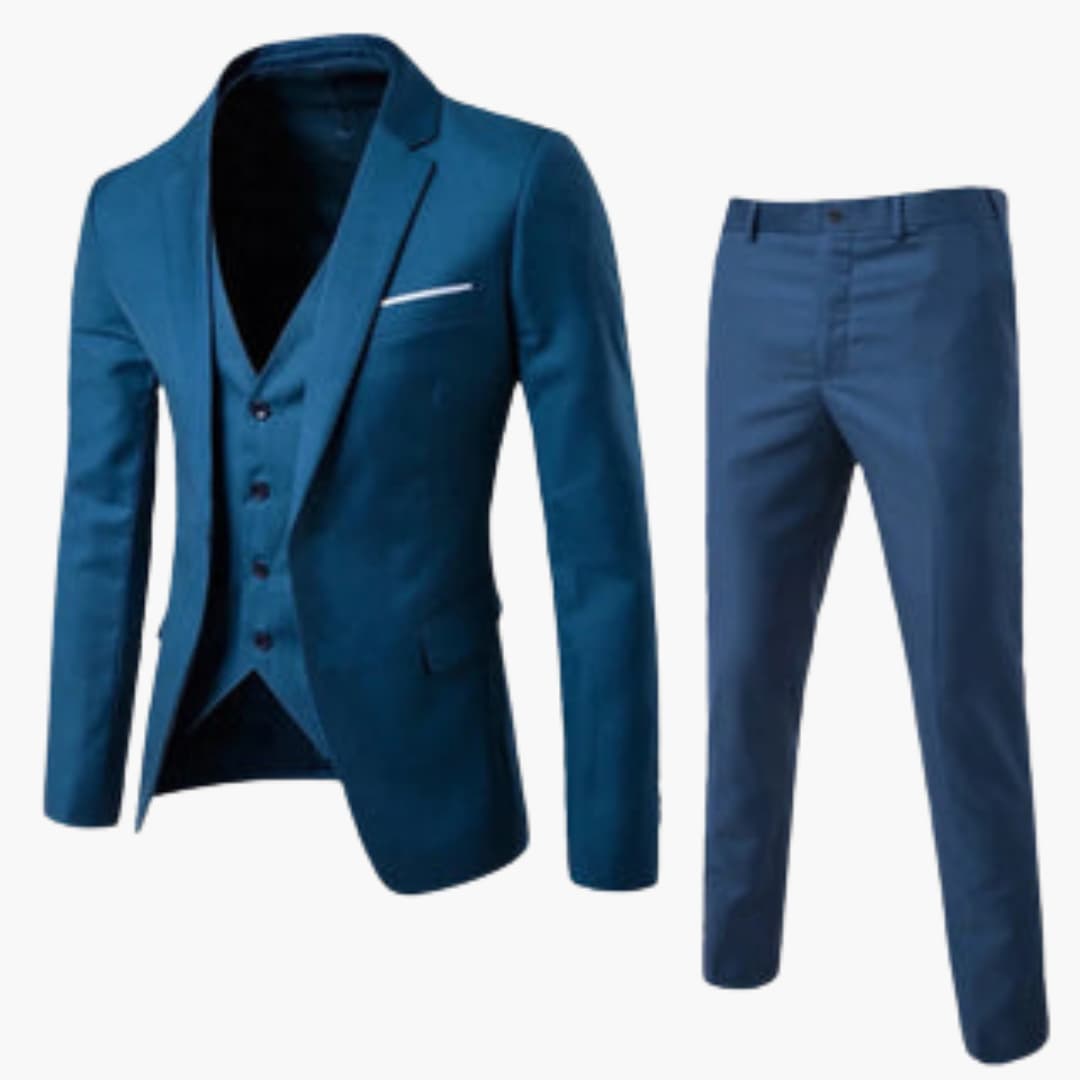 Men's slim-fit three-piece suit set in matching jacket vest pants for formal office wear
