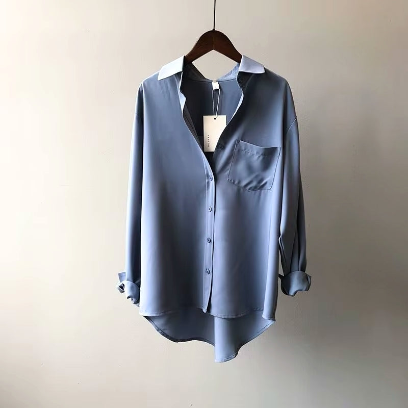 Women's lightweight charmeuse blouse fluid drape silhouette office-ready timeless elegance top