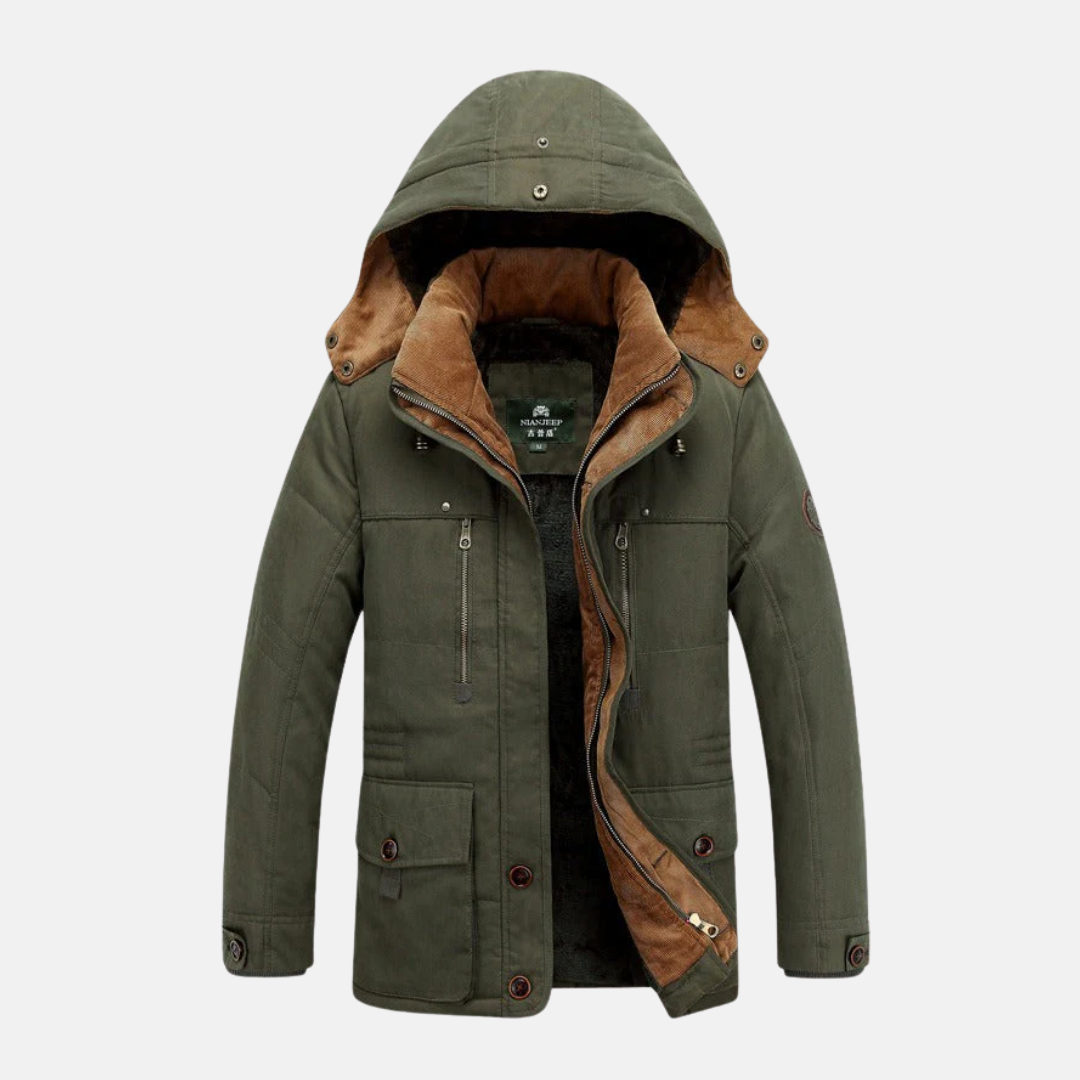 Men's navy mid-length insulated hooded jacket with multiple pockets for all-day warmth