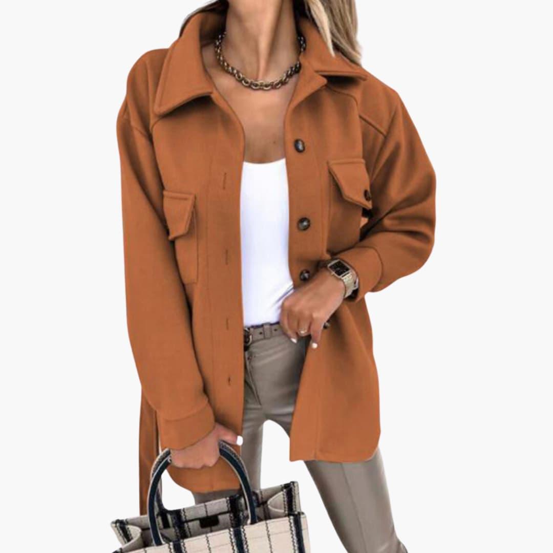 Women's long tailored coat button-front jacket with chest pockets structured collar silhouette
