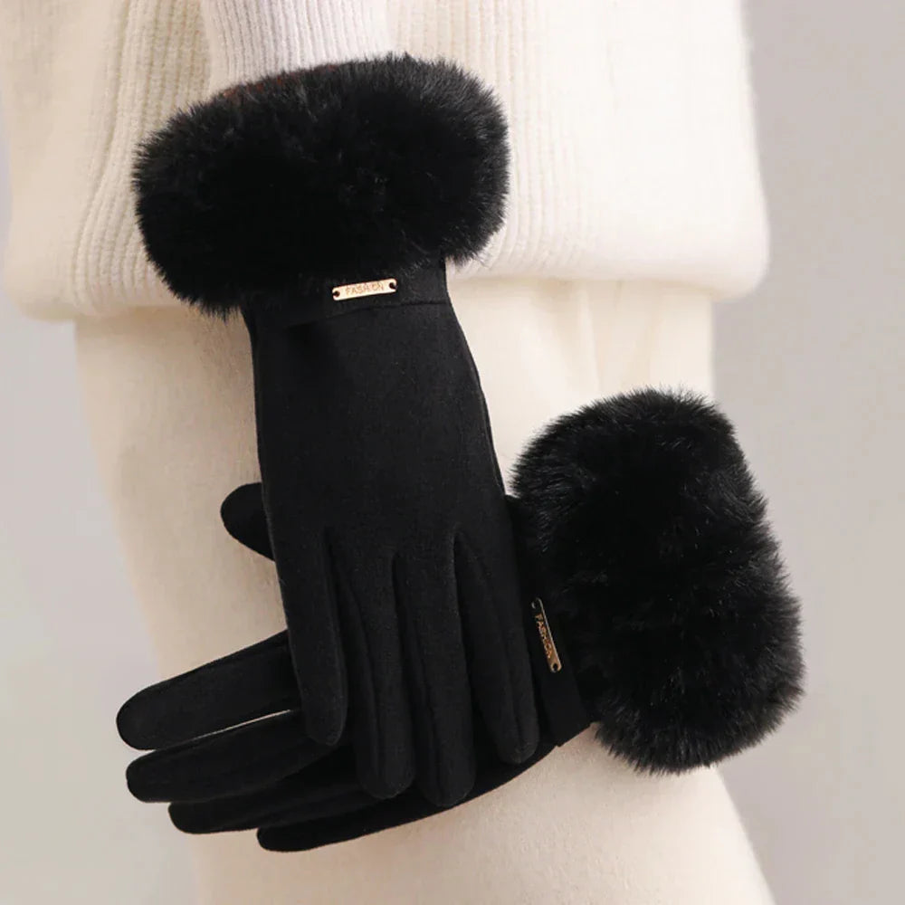 Women's black wrist-length gloves regular fit with elegant fur trim detail for cold weather