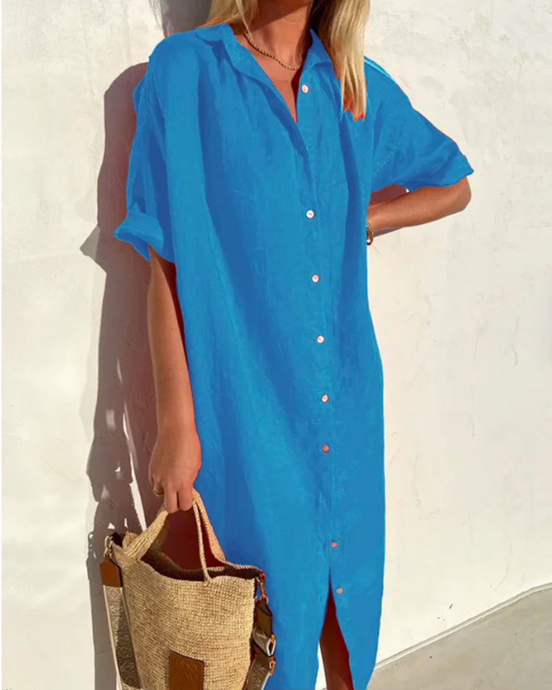 Women's loose fit cotton midi shirt dress in neutral tone with classic button-front detailing