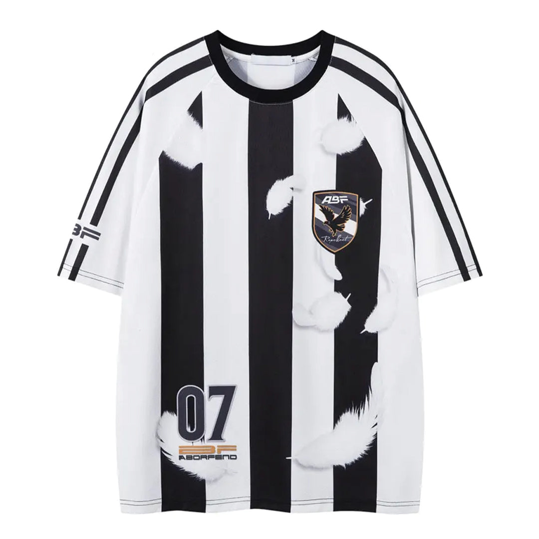 White graphic jersey with bold feather-stripe print, athletic-inspired relaxed fit for streetwear