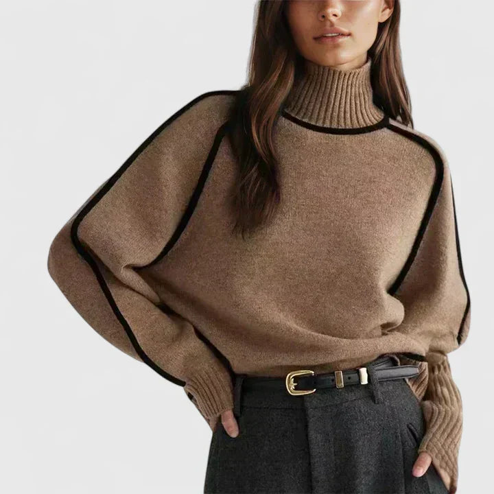 Women's cream turtleneck sweater minimalist cut with sleek contrast trim piping detailing