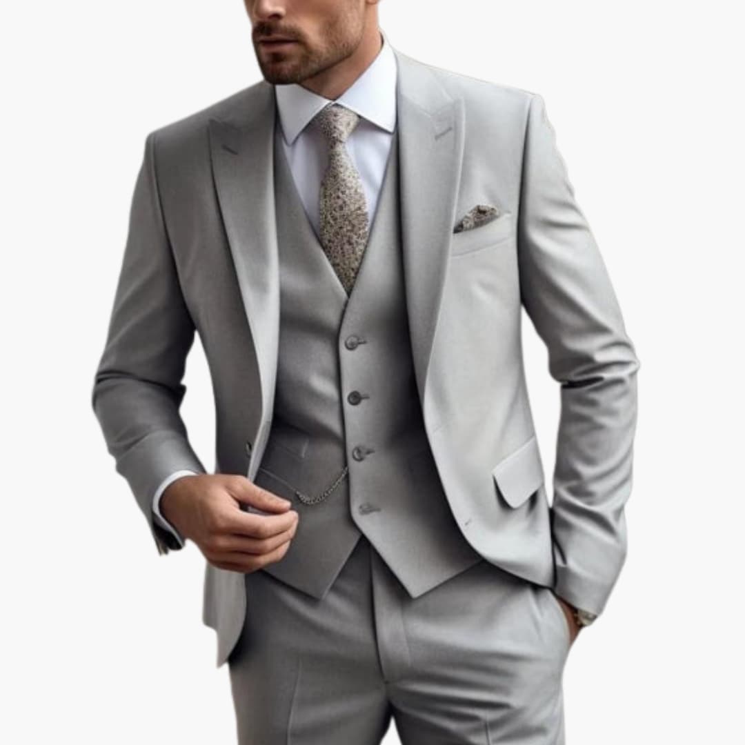 Men's classic three-piece formal suit set in coordinated jacket vest pants with two-button design
