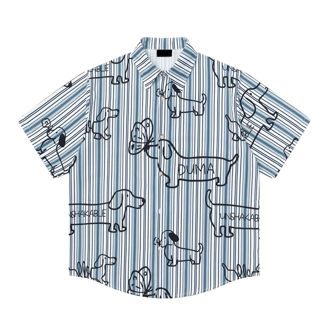 Striped relaxed fit button-up shirt with dachshund line drawing sketches, short sleeves, dog lover design