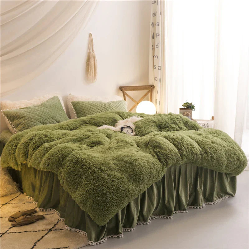 Luxurious plush velvet duvet cover set in rich green with quilted pillow covers, modern cloudlike comfort