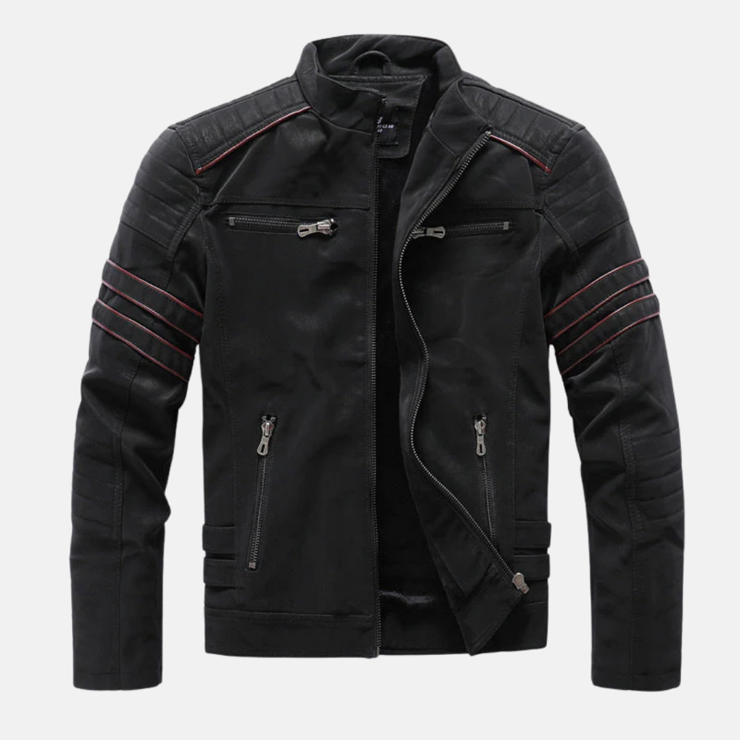 Men black slim fit faux leather jacket stand collar ribbed panels hip length streetwear essential