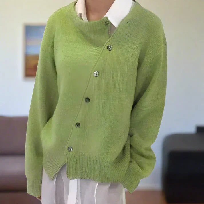 Women's soft knit cardigan in neutral tone with angled diagonal button front, cozy chic everyday fit