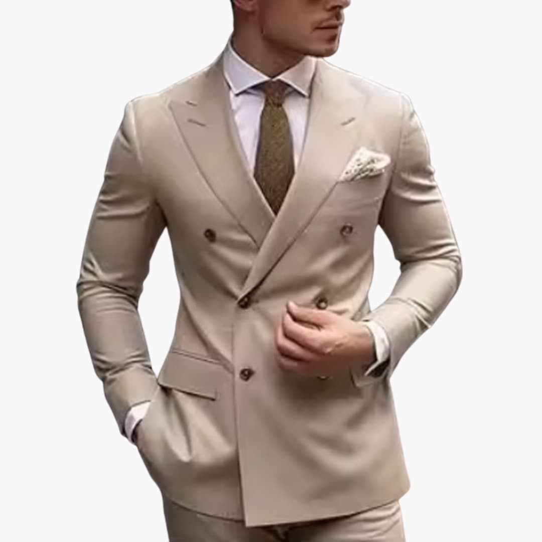Men's navy double-breasted slim fit suit, peak lapel, six-button front, structured formal silhouette