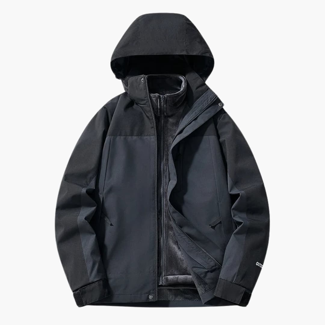 Unisex two-tone ski jacket with hood, full-length zipper pockets, all-weather outdoor performance