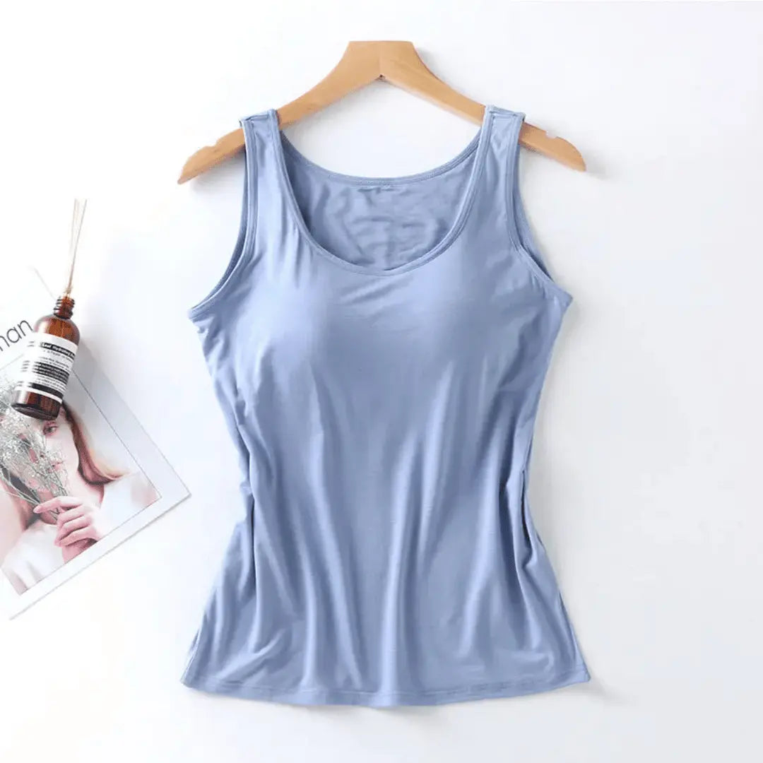 Women's gray bra tank top with built-in support, lightweight breathable fabric for yoga and workouts