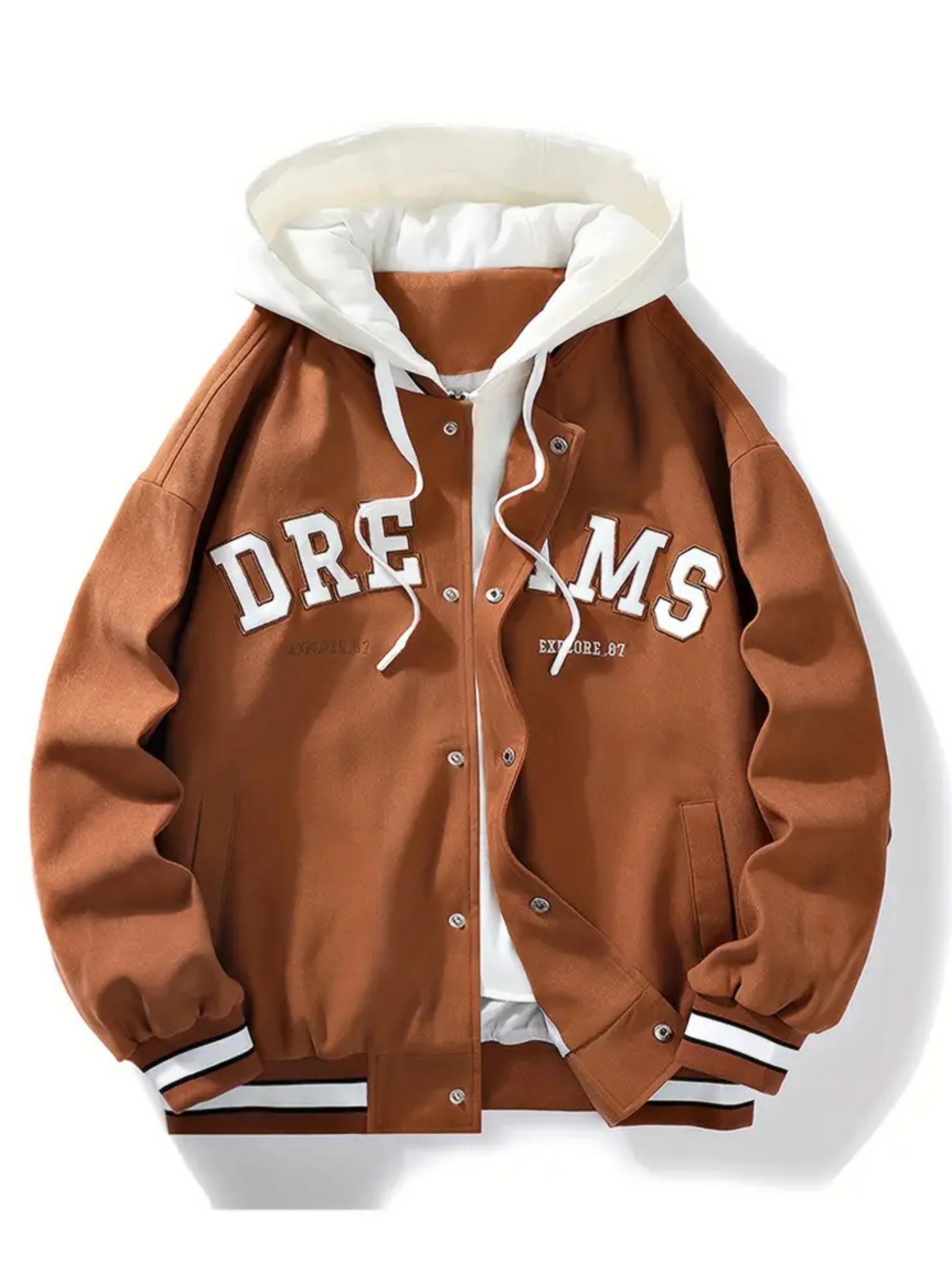 Black hoodie bomber jacket for men with layered hood, windproof hem, and signature embroidered streetwear details