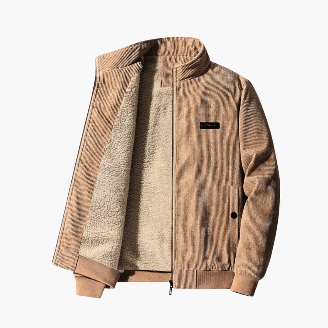 Men's ribbed cord jacket in versatile neutral tone with elegant texture and modern slim silhouette