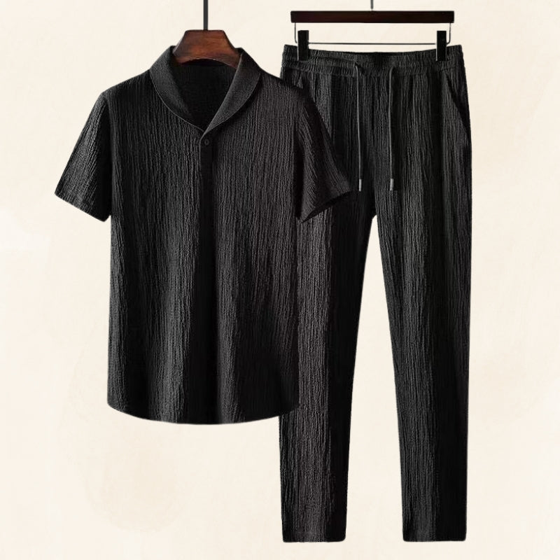 Men's light texture breathable two-piece polo set with relaxed fit trousers and drawstring waist