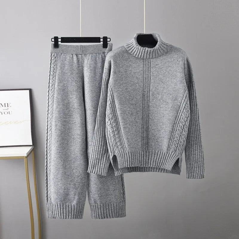Vibrant cable knit co-ord set with turtleneck sweater and relaxed pants, intricate knit detailing